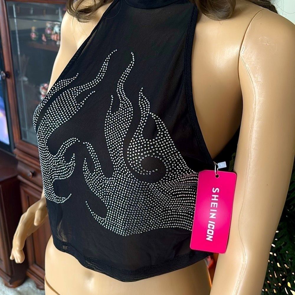 Brand New Black Mesh Studded Silver Fire Flame Crop Top High Neck See Thru Tank - Picture 5 of 12